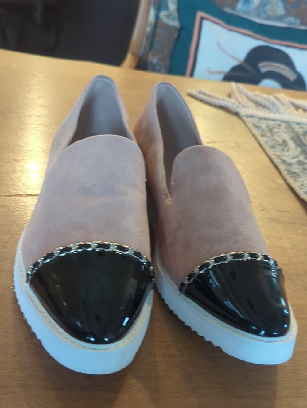 Karl Lagerfeld Women’s Tan Suede Slip-On Flats with Black Patent Gold Chain toe